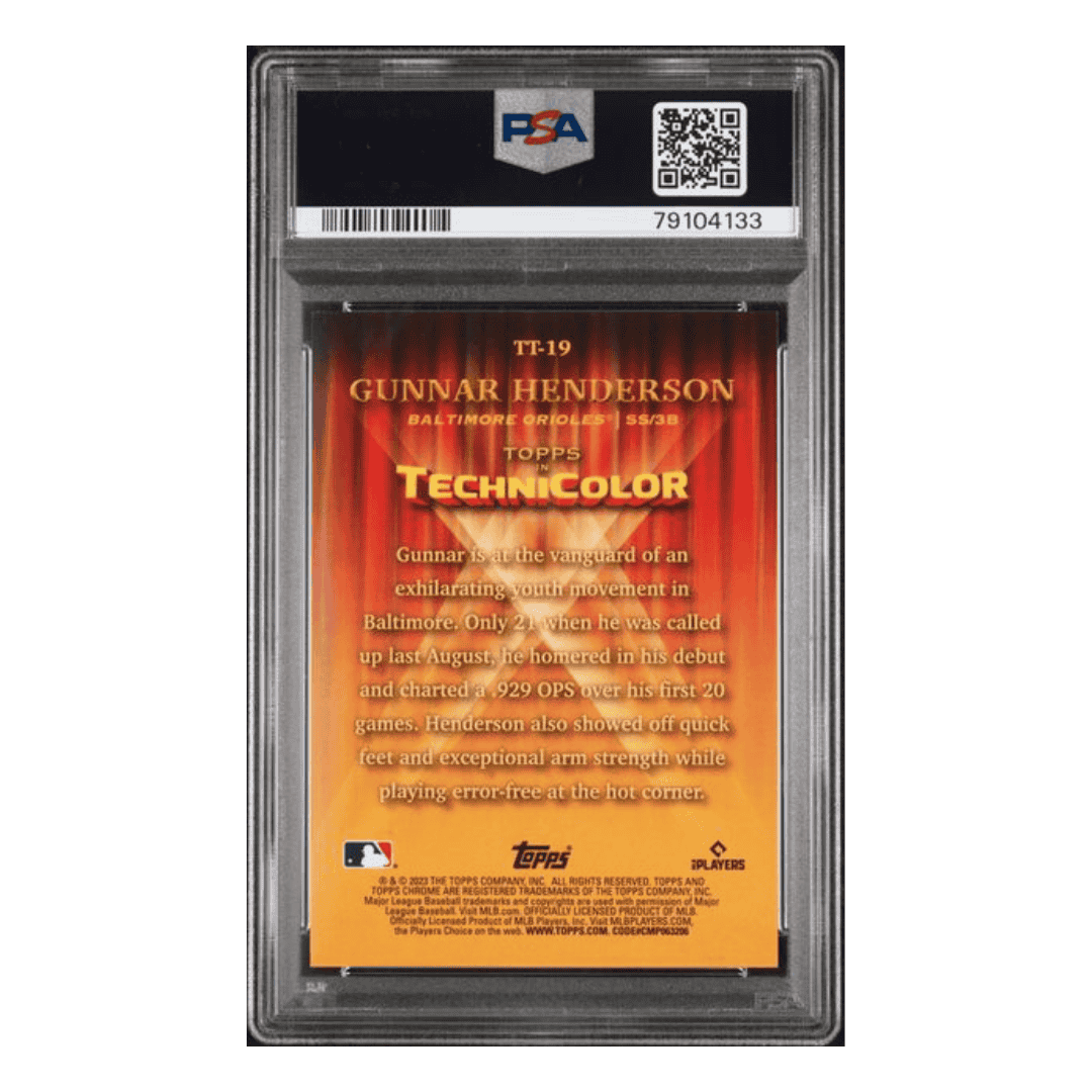 Gunnar Henderson PSA 10 2023 Topps Chrome Topps in Technicolor Gold Refractor Rookie RC #d/50 Card #TT19