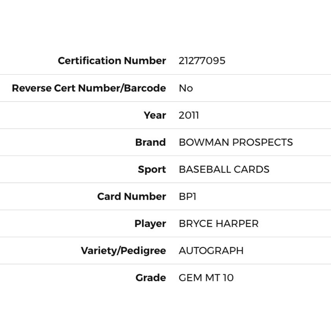 Bryce Harper PSA 10 2011 Bowman Prospects Autograph Card #BP1