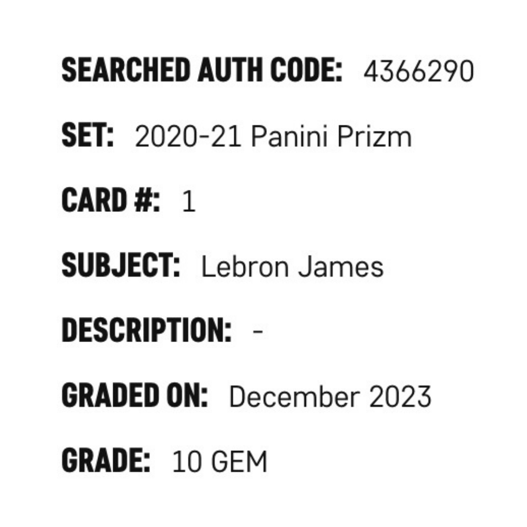 LeBron James SGC 10 2020-21 Panini Prizm Card #1