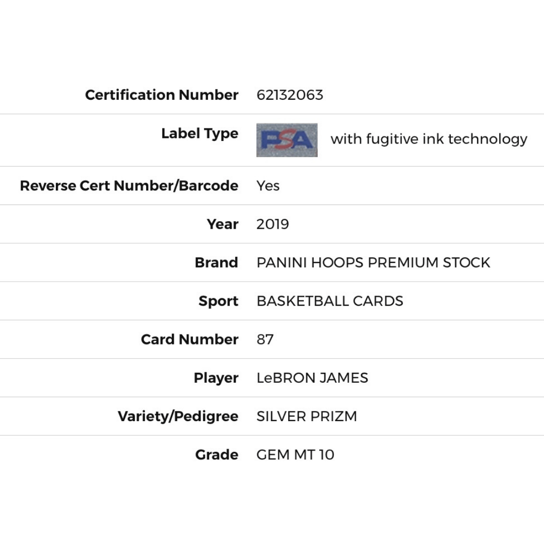 LeBron James PSA 10 2019 Panini Hoops Premium Stock Silver Prizm Card #87