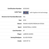 LeBron James PSA 10 2019 Panini Hoops Premium Stock Silver Prizm Card #87