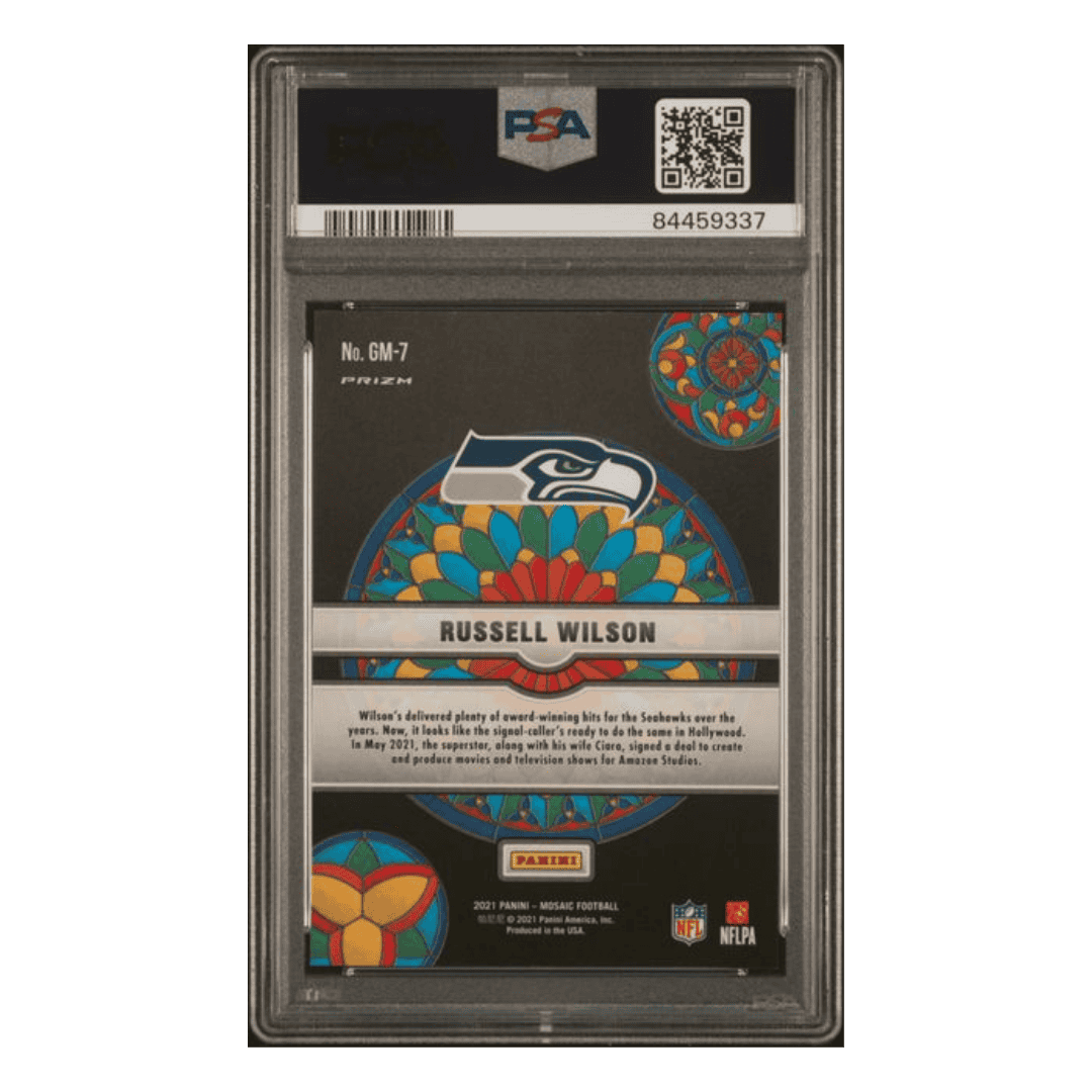 Russell Wilson PSA 10 2021 Panini Mosaic Glass Mosaic Card #GM7