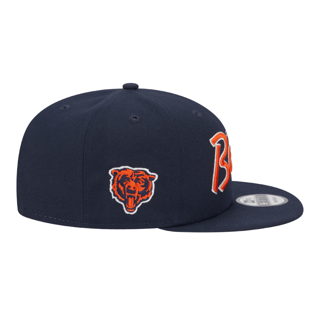 Chicago Bears Script Logo Bear Head Side Patch New Era Navy 9FIFTY Adjustable Snapback Hat