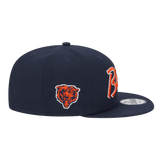 Chicago Bears Script Logo Bear Head Side Patch New Era Navy 9FIFTY Adjustable Snapback Hat