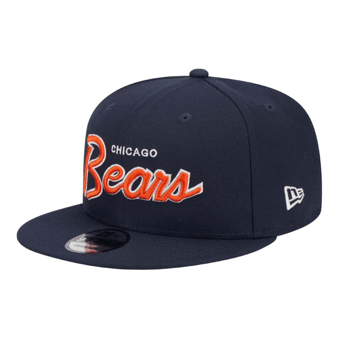 Chicago Bears Script Logo Bear Head Side Patch New Era Navy 9FIFTY Adjustable Snapback Hat