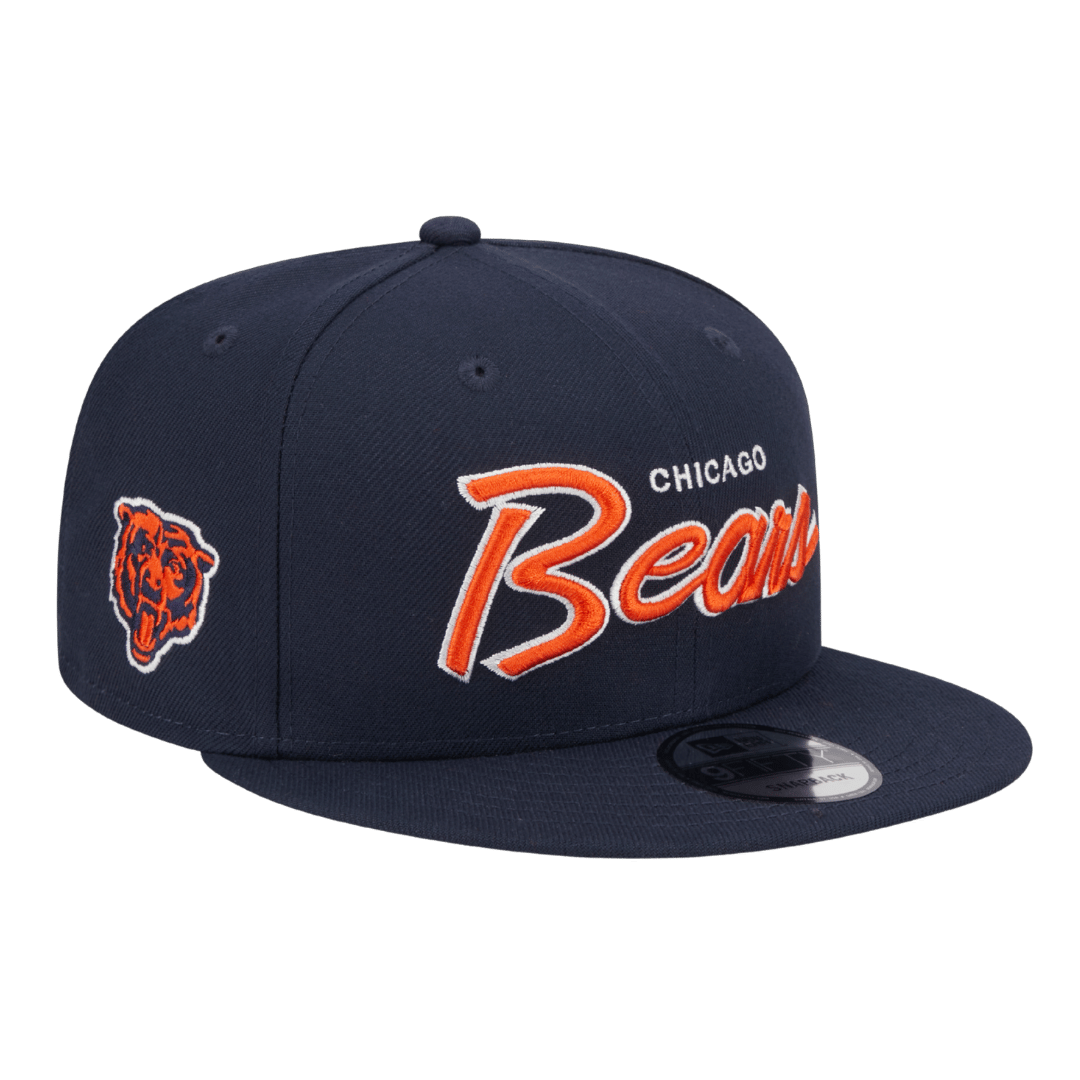 Chicago Bears Script Logo Bear Head Side Patch New Era Navy 9FIFTY Adjustable Snapback Hat