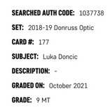 Luka Doncic SGC 9 2018-19 Panini Donruss Optic Rated Rookie Card #177