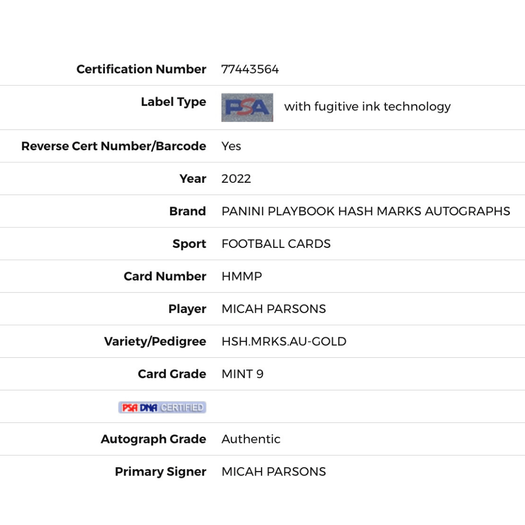 Micah Parsons PSA 9 2022 Panini Playbook Hash Marks Gold Autograph #d/99 Card #HMMP