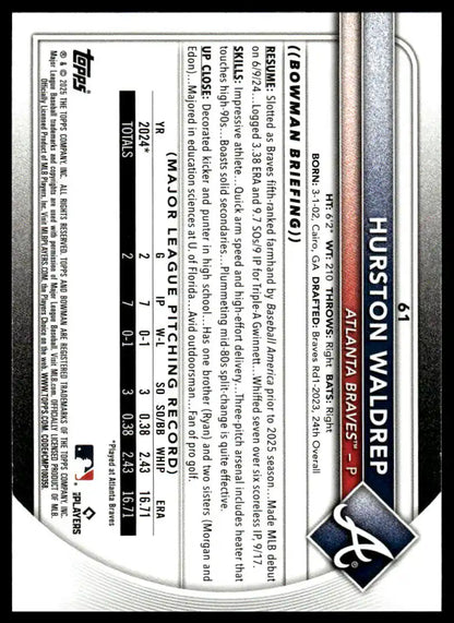 2025 Bowman - Hurston Waldrep Bowman Chrome Red Rookie Logo - Baseball #61