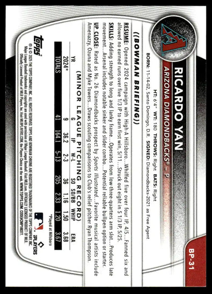 2025 Bowman - Ricardo Yan Prospects - Baseball #BP-31