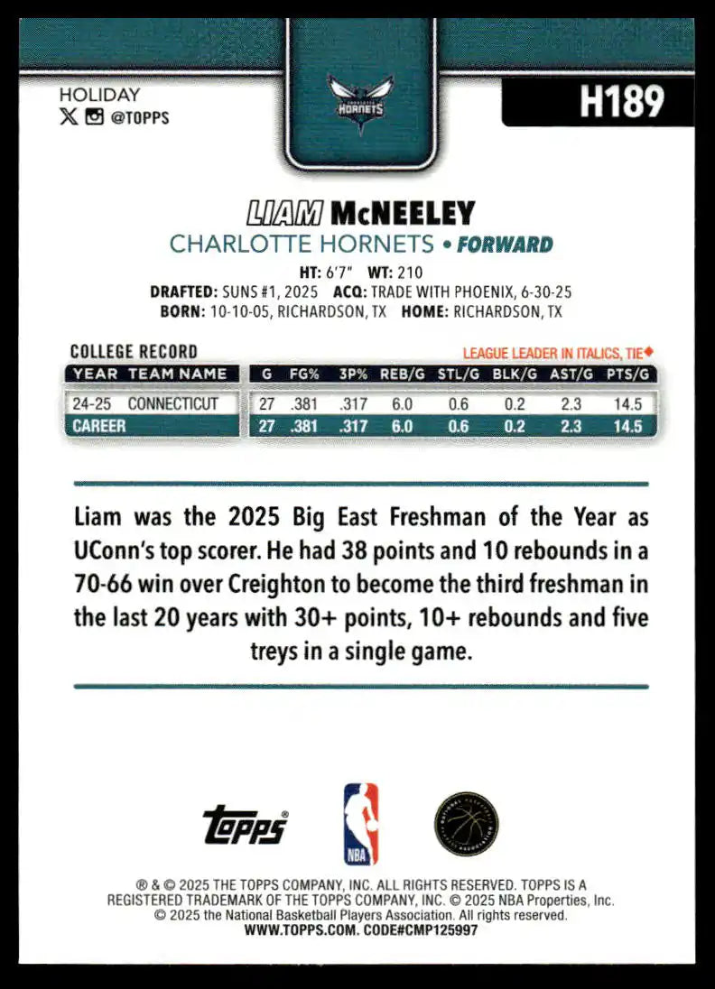 2025-26 Topps Holiday - Liam McNeeley - Basketball #H189