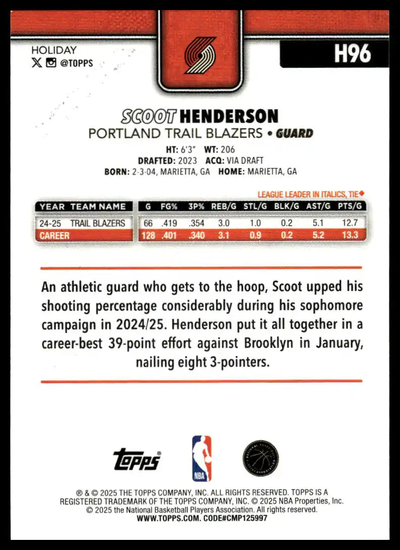 2025-26 Topps Holiday - Scoot Henderson Glitter Holiday - Basketball #H96