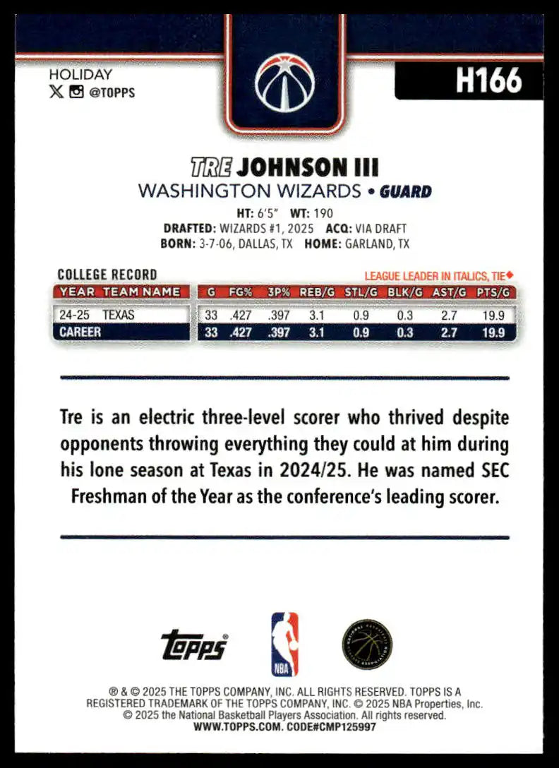 2025-26 Topps Holiday - Tre Johnson III - Basketball #H166