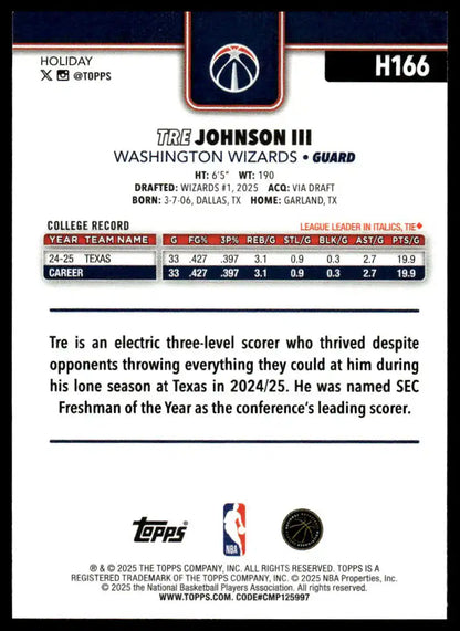 2025-26 Topps Holiday - Tre Johnson III - Basketball #H166