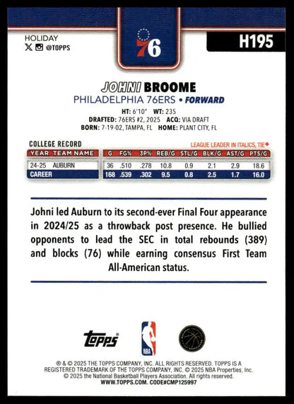 2025-26 Topps Holiday - Johni Broome - Basketball #H195