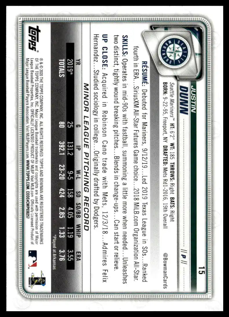 2020 Bowman - Justin Dunn - Baseball #15