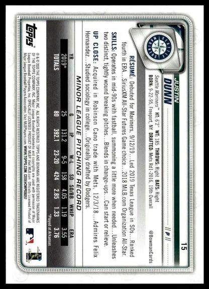 2020 Bowman - Justin Dunn - Baseball #15