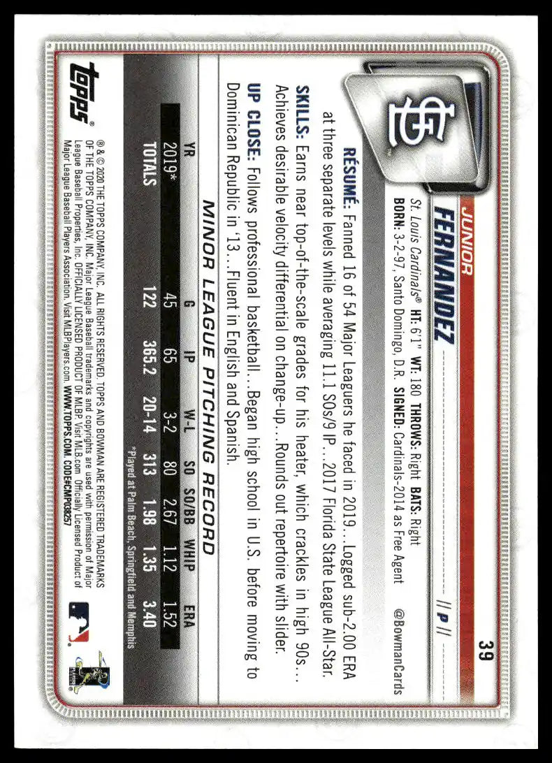 2020 Bowman - Junior Fernandez - Baseball #39