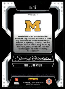 2025 Prizm Draft Picks - Will Johnson Student Orientation Gold Ice -  #18