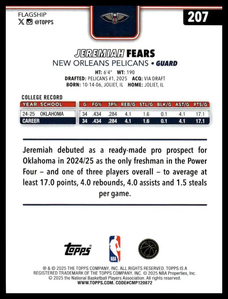 2025-26 Topps - Jeremiah Fears - Basketball #207