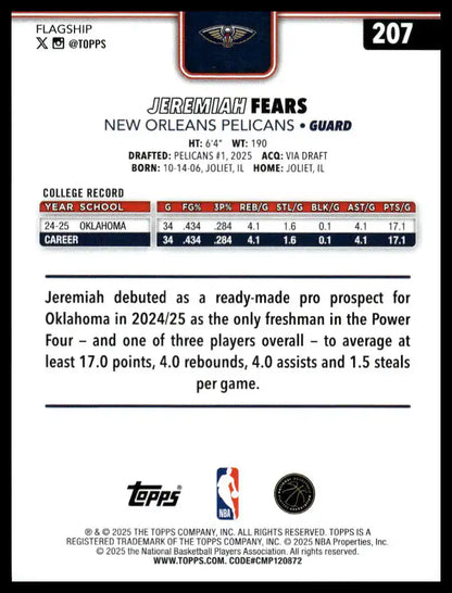 2025-26 Topps - Jeremiah Fears - Basketball #207