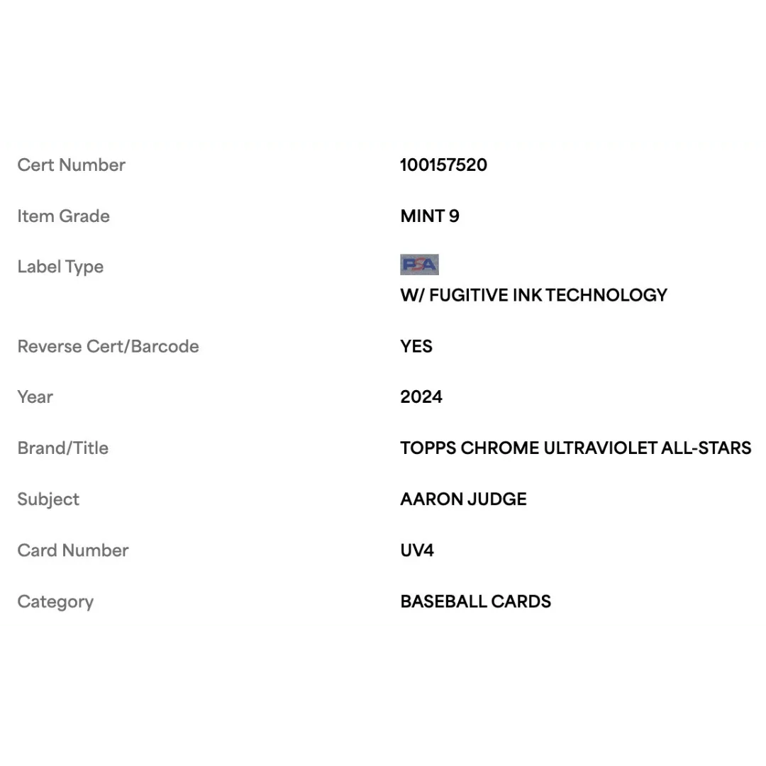 Aaron Judge PSA 9 2024 Topps Chrome Ultraviolet All Stars Card #UV4