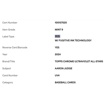 Aaron Judge PSA 9 2024 Topps Chrome Ultraviolet All Stars Card #UV4