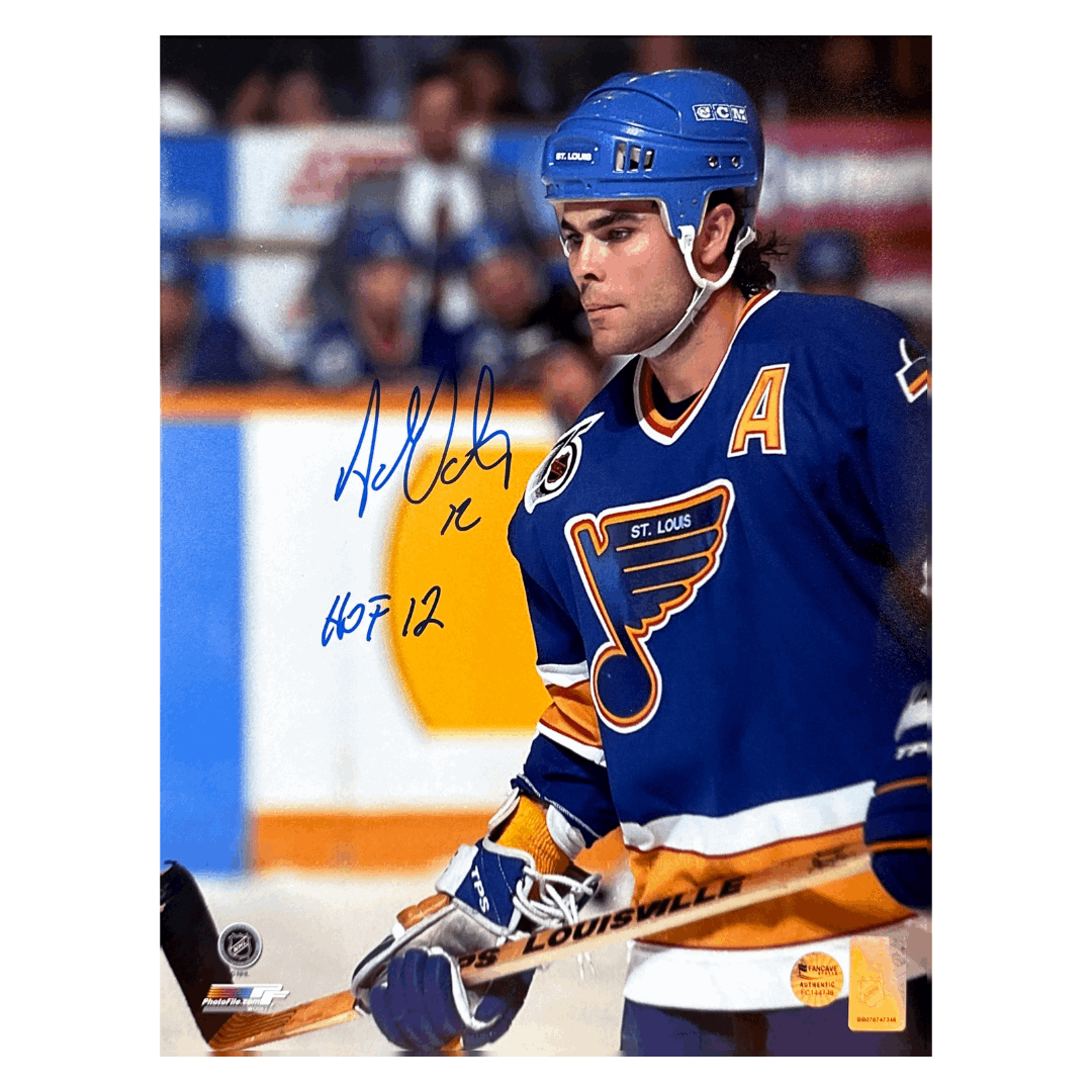Adam Oates St Louis Blues Autographed Photo w/ "HOF 12" Inscription - Fan Cave COA