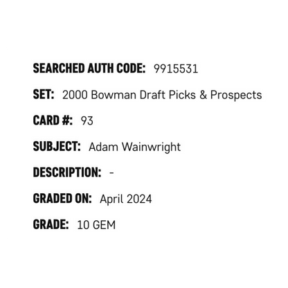 Adam Wainwright SGC 10 2000 Bowman Draft Picks & Prospects Card #93
