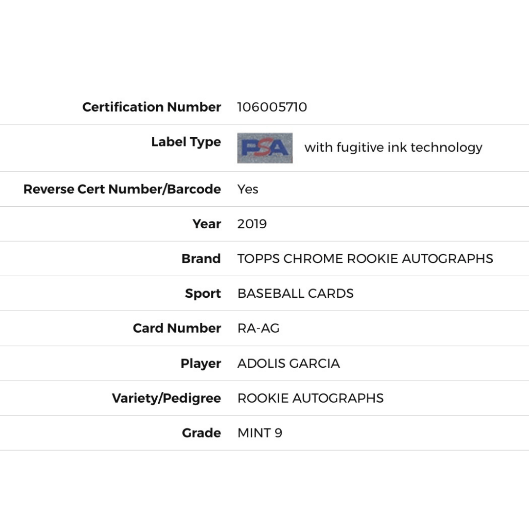 Adolis Garcia PSA 9 2019 Topps Chrome Rookie Autographs Rookie RC Card #RA-AG