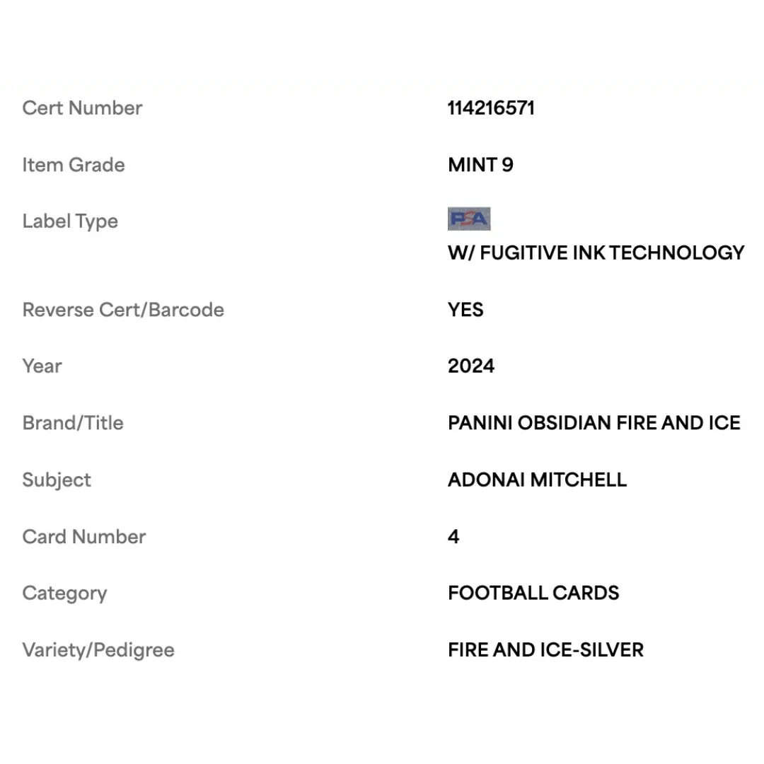 Adonai Mitchell PSA 9 2024 Panini Obsidian Fire and Ice Silver Rookie RC #d/ 99 Card #4