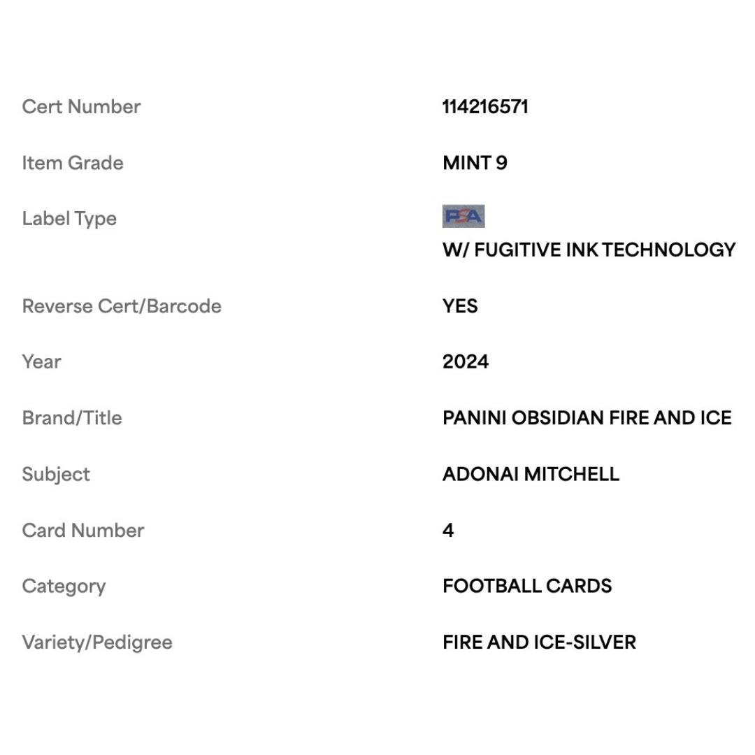 Adonai Mitchell PSA 9 2024 Panini Obsidian Fire and Ice Silver Rookie RC #d/ 99 Card #4