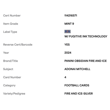 Adonai Mitchell PSA 9 2024 Panini Obsidian Fire and Ice Silver Rookie RC #d/ 99 Card #4