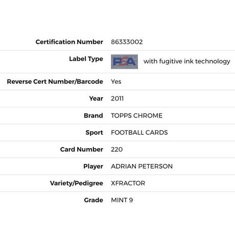 Adrian Peterson PSA 9 2021 Topps Chrome XFractor Card #220