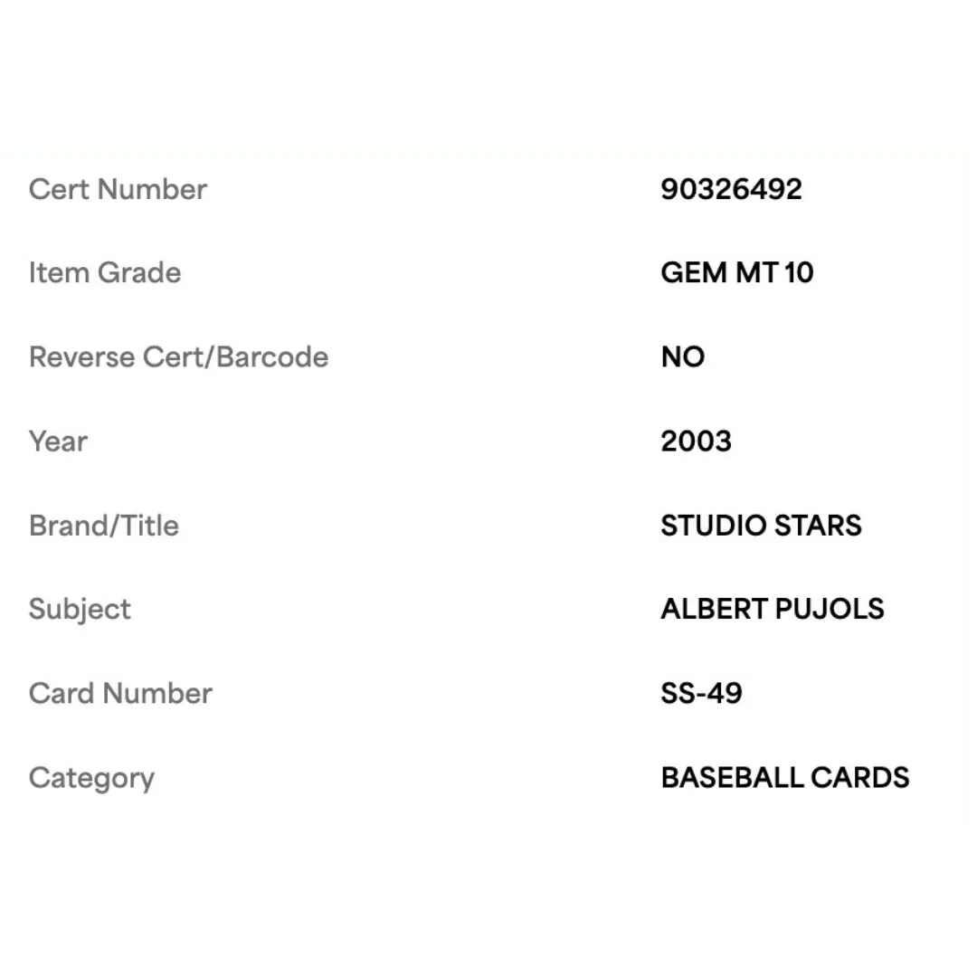 Albert Pujols PSA 10 2003 Donruss Studio Stars Card #SS-49