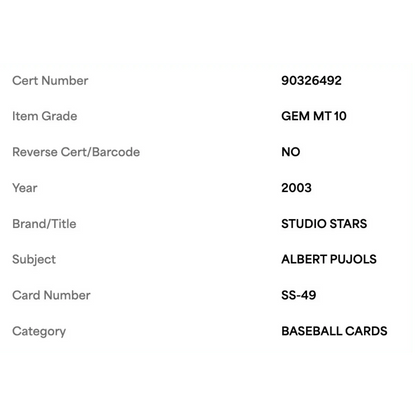 Albert Pujols PSA 10 2003 Donruss Studio Stars Card #SS-49