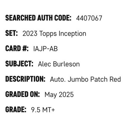 Alec Burleson SGC 9.5 2023 Topps Inception Autographed Jumbo Patch Red Rookie RC #d /50 Card #IAJP