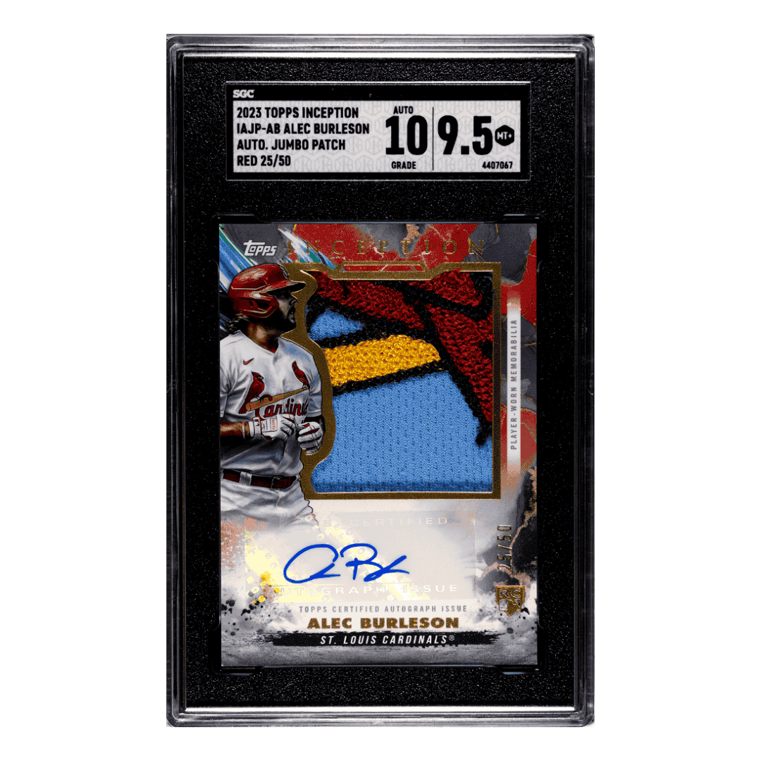 Alec Burleson SGC 9.5 2023 Topps Inception Autographed Jumbo Patch Red Rookie RC #d /50 Card #IAJP