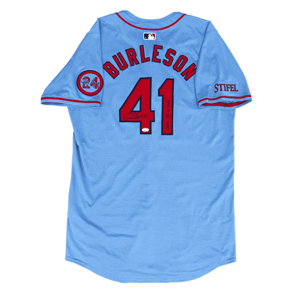 Alec Burleson St Louis Cardinals Autographed 2024 Game Used Baby Blue Jersey w/ Inscription - JSA COA
