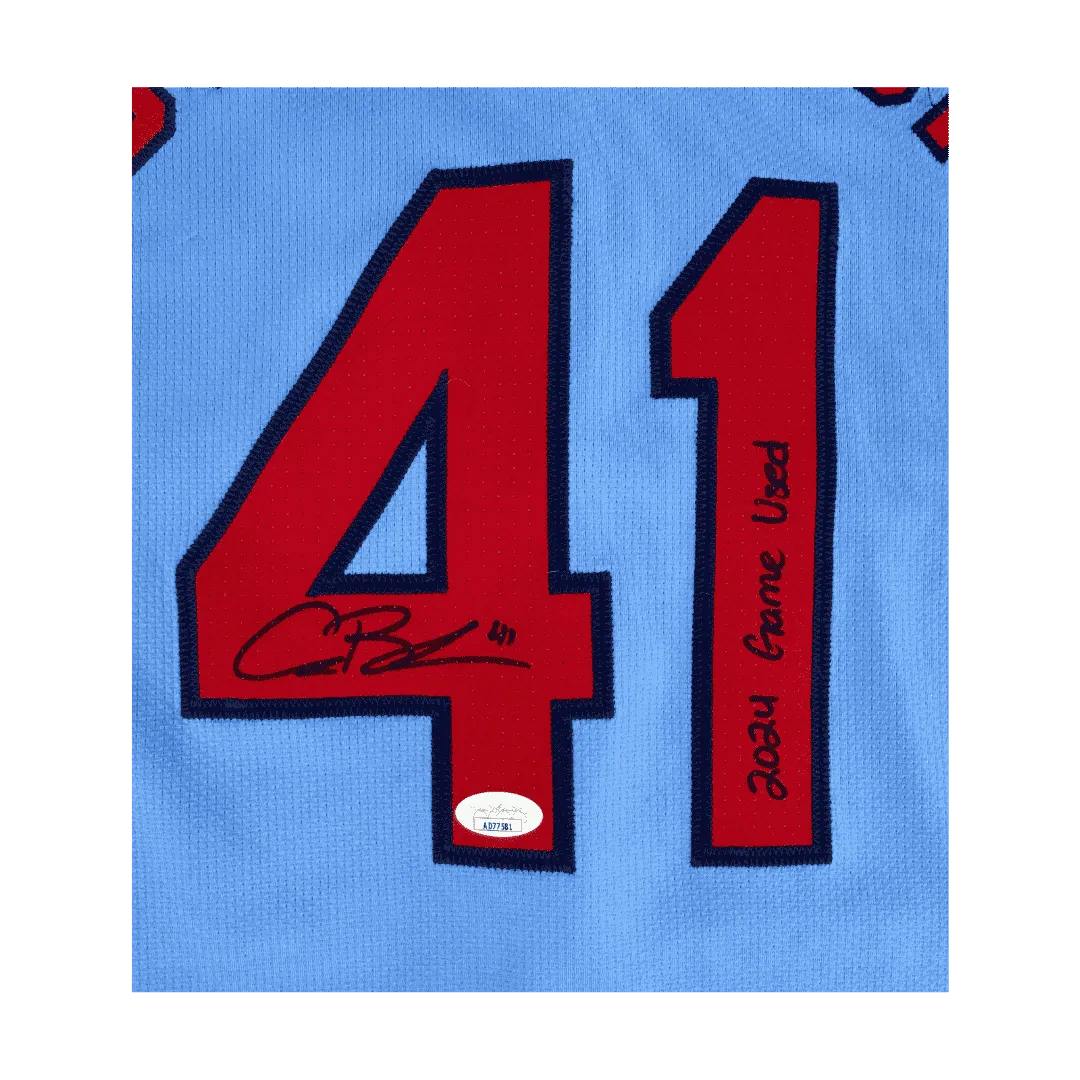 Alec Burleson St Louis Cardinals Autographed 2024 Game Used Baby Blue Jersey w/ Inscription - JSA COA