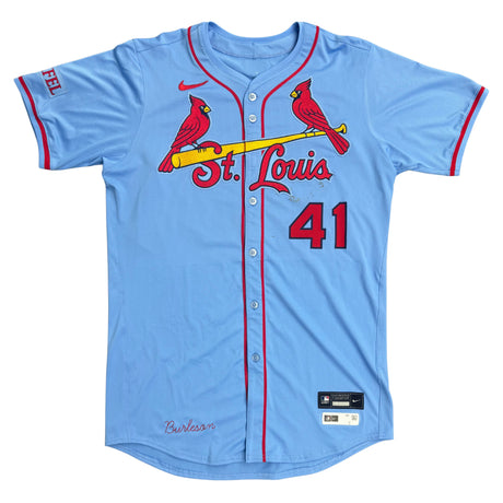 Alec Burleson St Louis Cardinals Autographed 2025 Game Used Baby Blue Jersey w/ Inscription - JSA COA