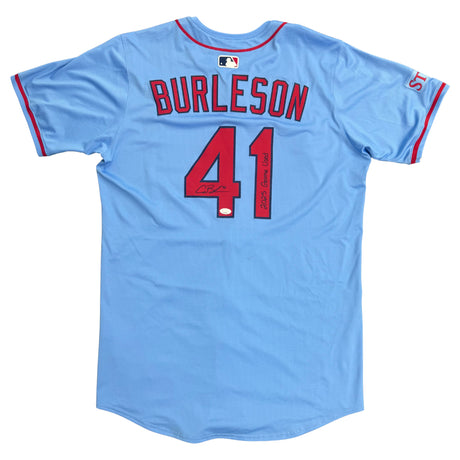 Alec Burleson St Louis Cardinals Autographed 2025 Game Used Baby Blue Jersey w/ Inscription - JSA COA