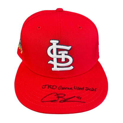 Alec Burleson St Louis Cardinals Autographed 2025 Game Used Jackie Robinson Hat w/ Inscription - JSA COA