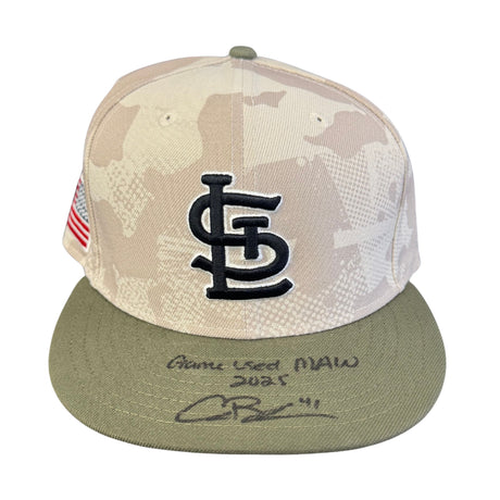 Alec Burleson St Louis Cardinals Autographed 2025 Game Used Military Appreciation Weekend Hat w/ Inscription - JSA COA