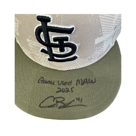 Alec Burleson St Louis Cardinals Autographed 2025 Game Used Military Appreciation Weekend Hat w/ Inscription - JSA COA