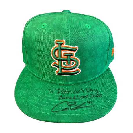 Alec Burleson St Louis Cardinals Autographed 2025 Game Used St Patricks Day Hat w/ Inscription - JSA COA