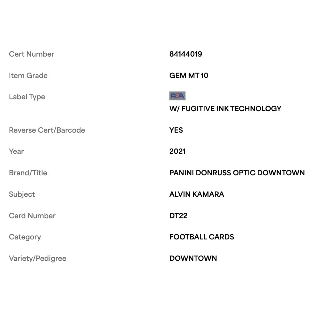 Alvin Kamara PSA 10 2021 Panini Donruss Optic Downtown! Card #DT22