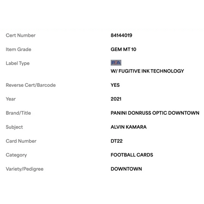 Alvin Kamara PSA 10 2021 Panini Donruss Optic Downtown! Card #DT22