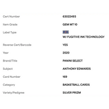 Anthony Edwards PSA 10 2020 Panini Select Silver Prizm Rookie RC Card #169