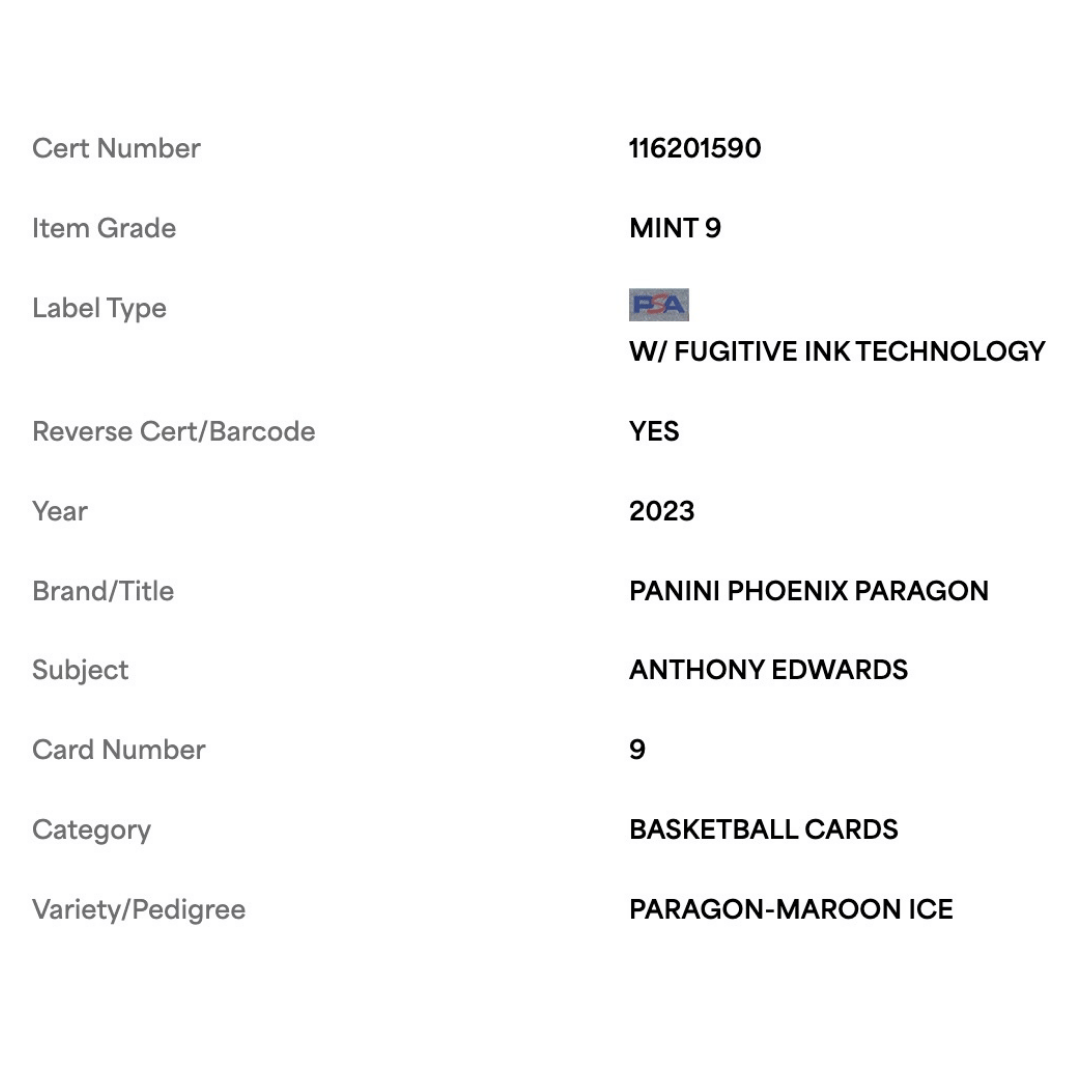 Anthony Edwards PSA 9 2023 Panini Phoenix Paragon Maroon Ice #d /275 Card #9